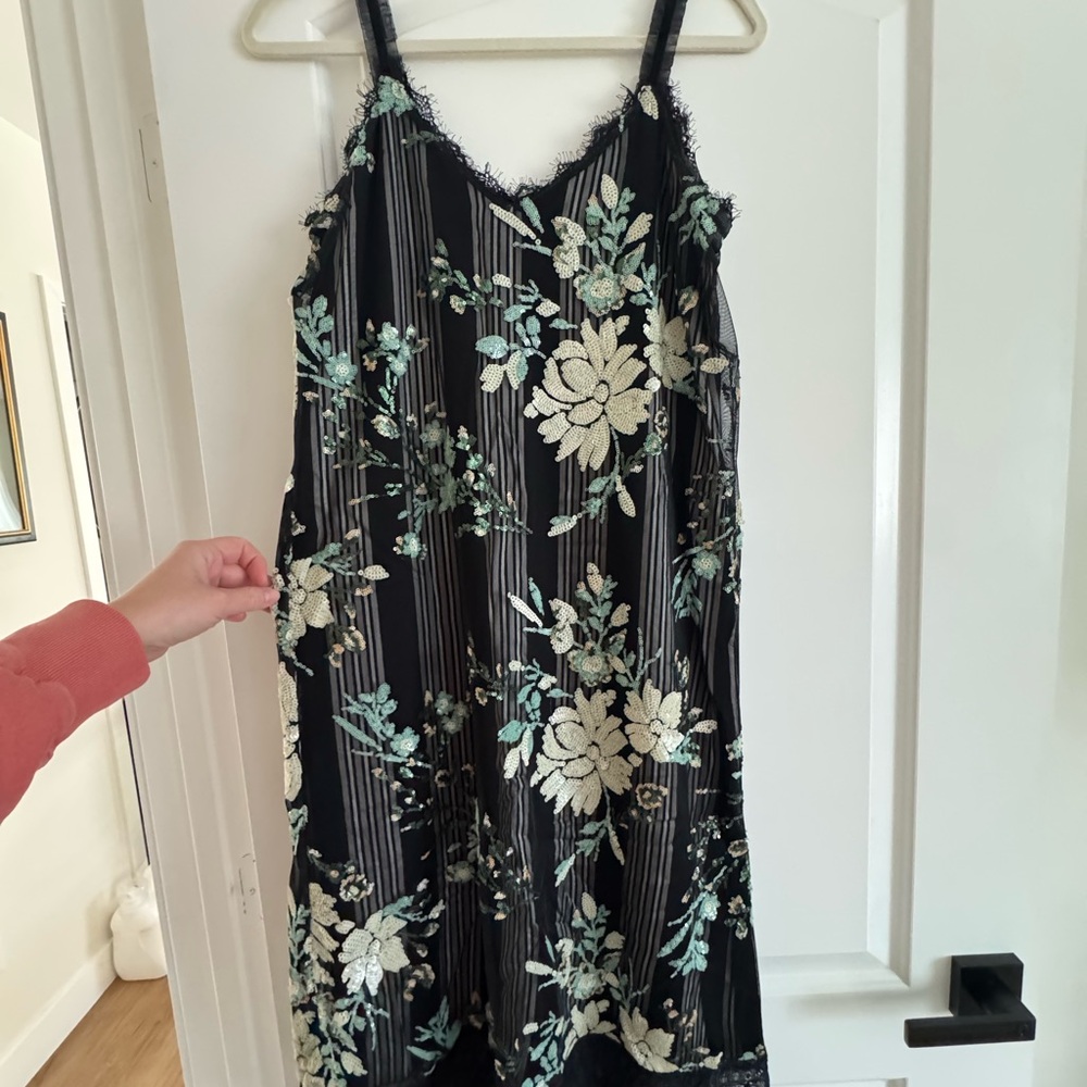 Black and white Stripe Slip Dress with sequin flowers